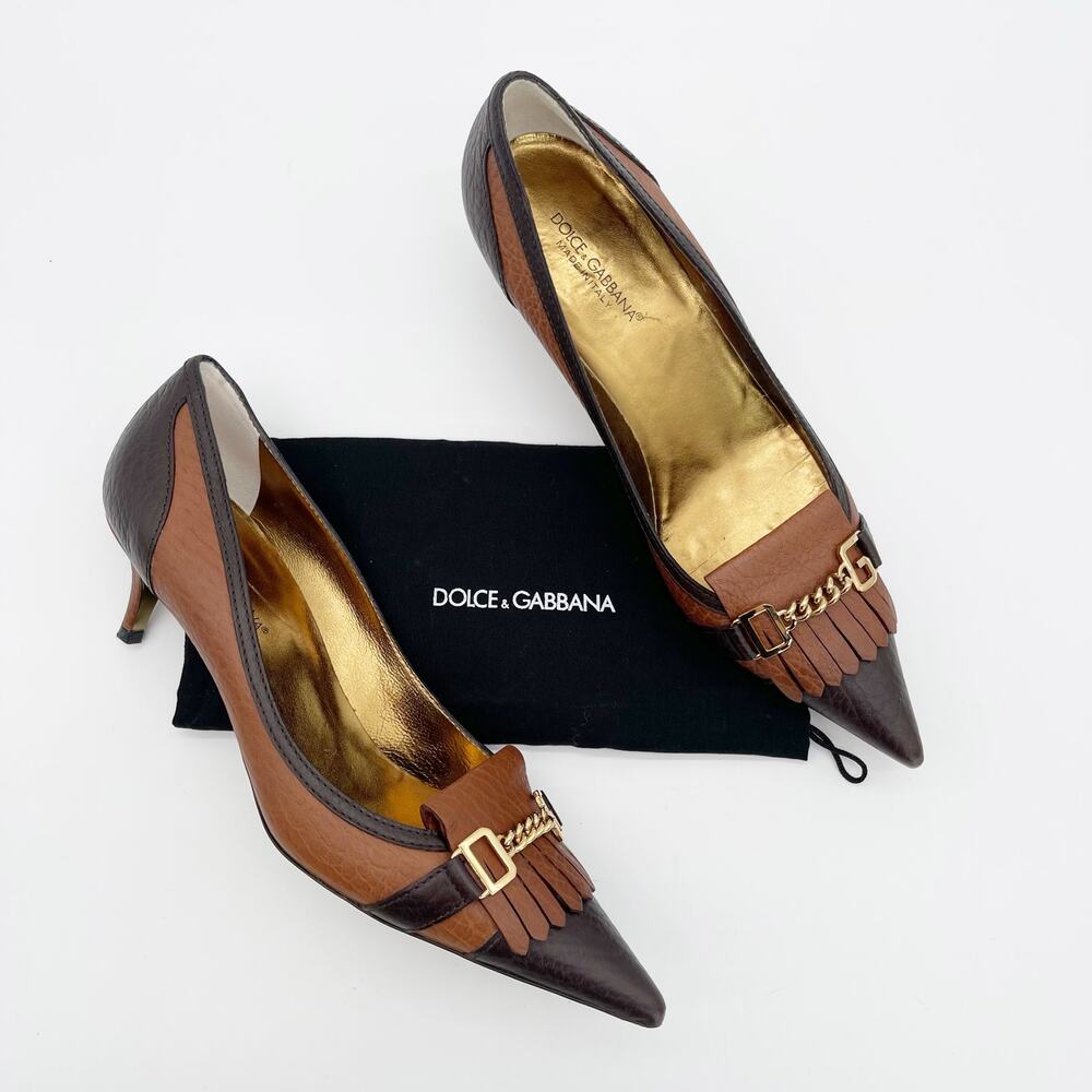Dolce & Gabbana Vintage Brown Leather Fringe DG Chain Cap Toe Kitten Heels IT 40 - Picture 2 of 13